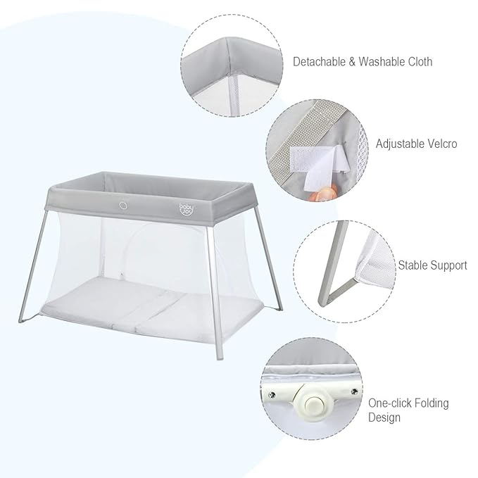 BABY JOY 2 in 1 Travel Crib with Side Zipper, Portable Baby Playard with Soft Washable Mattress, Installation-Free Home Playard with Carry Bag for Airplane, Lightweight Playpen for Infants &Toddlers