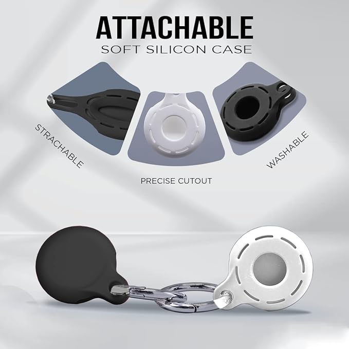 Apple AirTag 4 Pack Shockproof, Dustproof & Washable Cases, Silicon Holders with Accessories for Wallets, Luggage, Pet Collars, Key Finders (Black - White)