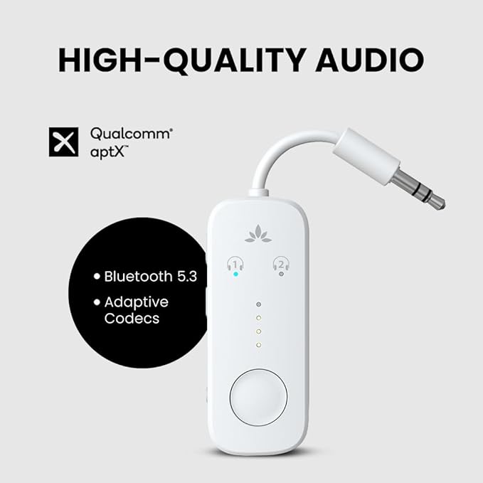 Avantree Relay - Airplane Bluetooth 5.3 Adapter with Qualcomm aptX Adaptive, Supports 2 AirPods or Headphones, 20Hr Playtime, 3.5mm AUX Wireless Audio Transmitter for Travel Flight, Airline, Gym