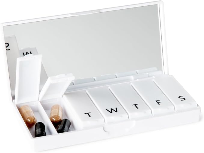 PORT X POLISH Designer Weekly Pill Box Organizer (Single 1X Daily, Crisp White) | Compact, Stylish 7-Day Vitamin Supplement Case | Cute Portable Mini Travel Medicine Carrier | BPA-Free Pillbox Caddy