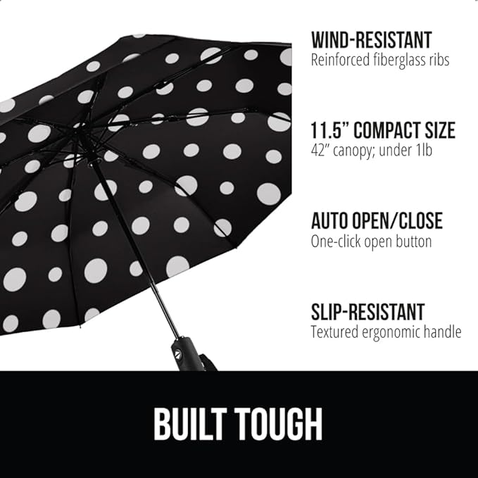 GORILLA GRIP Strong Stick Umbrella for Rain, Compact Travel One-Click Automatic Open Close, Lightweight, Portable, US Designed Reinforced Fiberglass Ribs, Wind Resistant, Easy Collapse, Polka Dots