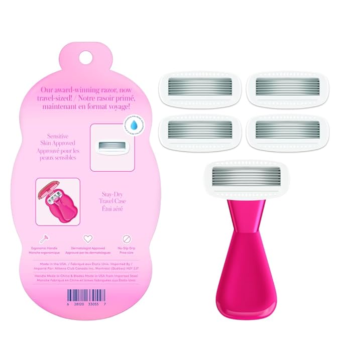 Women's Mini Travel Razor Shave Kit, 1 Mini Travel Razor Handle + 5 Blade Refills, Super Pink
