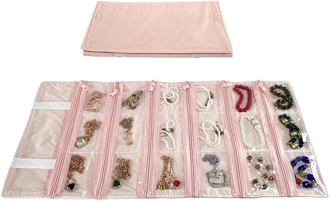 Travel Jewelry Roll Bag Portable Organizer Pouch With Grids&PVC Cover Storage Bags for Necklace, Bracelet, Bracelet,Ring, Badge, Pendant