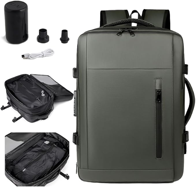 Vacuum-sealed travel computer backpack, Water-Resistant, With vacuum pump, Multiple Compartments, Anti-theft combination lock (Green)