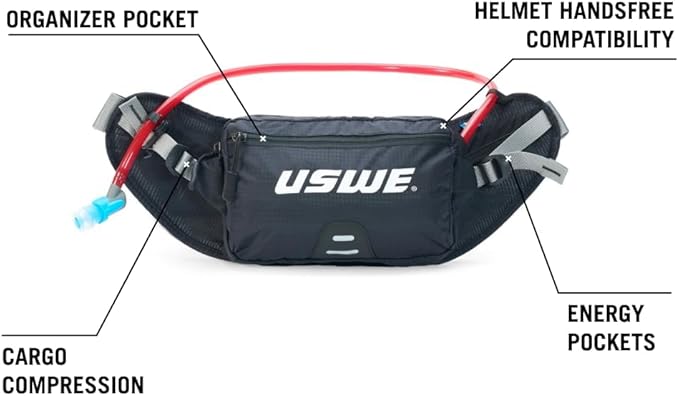 USWE Zulo Hydration Hip Pack - with Organizer and Side Pockets, Bounce Free Hip Belt (Carbon Black, 2L)