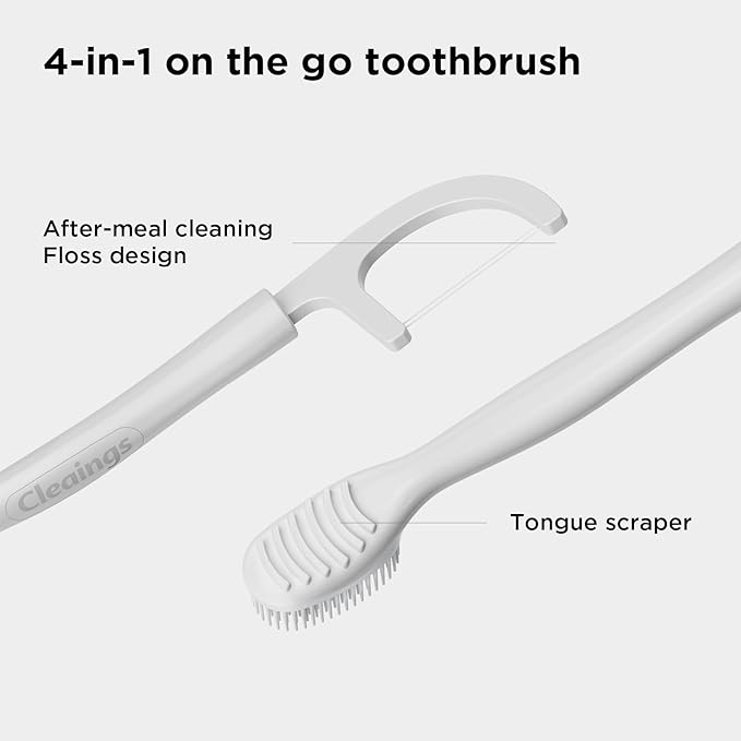 cleaings® Disposable Toothbrushes with Toothpaste - 4-in-1 Mini Travel Toothbrushes, Built-in Tongue Scraper, Floss & Picks for On-The-Go, Camping, Work (Mint)