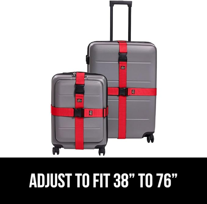 GORILLA GRIP Heavy Duty Adjustable Luggage Straps for Suitcases, Easy to Identify Travel Belt Connector Holds Suitcase Together, Extends Life of Bag, Strap Connects Two Bags, Accessories 2 Pack Red