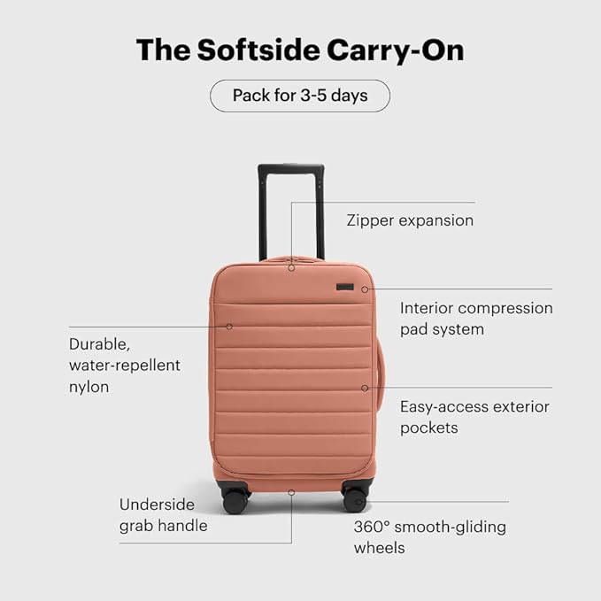 Away Softside Carry-On Suitcase, 22 Inch Lightweight, Expandable High-Strength Nylon Luggage With Spinner Wheels, Meets Requirements for Most Major Airlines, Clay Pink