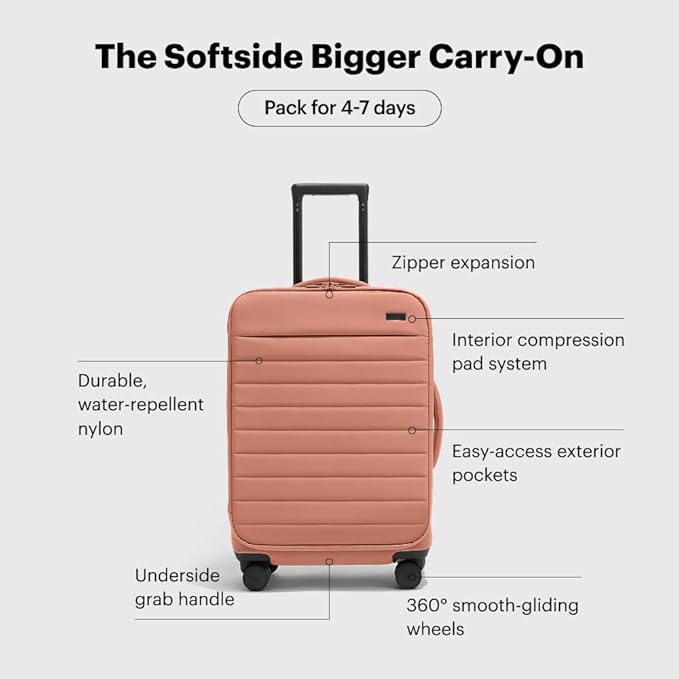 Away Softside Bigger Carry-On Suitcase, 23 Inch Lightweight, Expandable High-Strength Nylon Luggage With Spinner Wheels, Meets Requirements for Most Major Airlines, Clay Pink