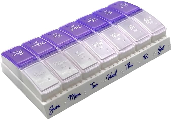 Ezy Dose Weekly (7-Day) Daily Pill Case, Medicine Planner, Vitamin Organizer, 2 Times a Day AM/PM, Small Pop-out Compartments, Arthritis Friendly, Easy to Use, Pearlescent and Lavender Lids, BPA Free