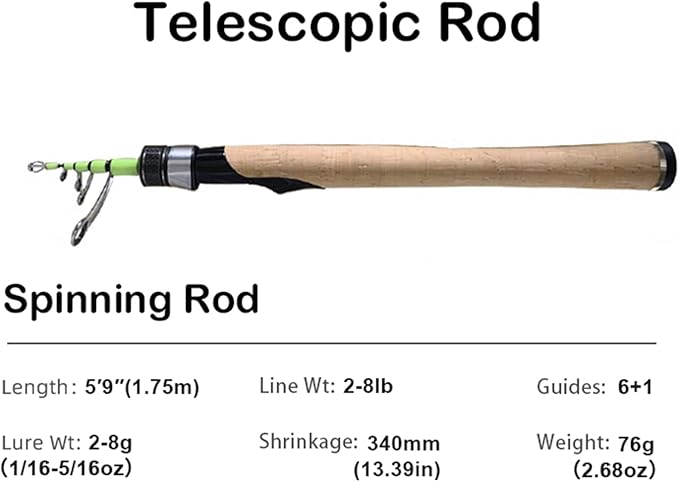 PURELURE Fishing Rod Telescopic, Carbon Fiber Spinning Casting Travel Rod, Spare Solid Carbon Tip, 3A Cork Handle, ABS Metal Reel Seat, Floating Guide Ultralight Portable Fishing Pole