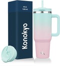 40 oz Tumbler with Handle and 2 Straws,2 in 1 Lid Insulated Water Bottle Stainless Steel Travel Coffee Mug,Gum