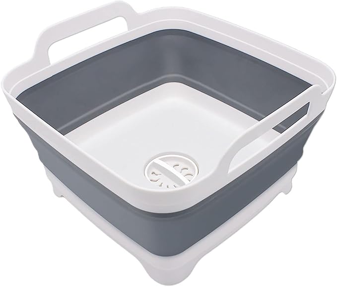2.4 Gal(9L) Collapsible Dish Basin with Drain Plug - Multiuse Foldable Wash Basin for Baby Bottles, Space-Saving Multiuse Dish Tub, Kitchen Sink for Camping, Dishes Washing, RV (Gray)