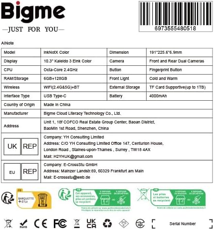 Bigme inkNoteX Color Eink Tablet Andriod 13 6+128G Ebook Reader 10.3 Inch Kaleido 3 E-Ink Screen Epaper Tablet for Reading and Writing