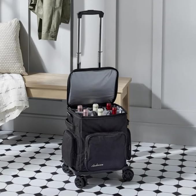 Wine Enthusiast 6 Bottle Insulated Wine Bag with Rolling Cart - Waterproof Oxford Cloth Wine Travel Tote with Shoulder Strap, USB Port, Pockets - Folding Trolley for Wine Transport - Fridge Bag
