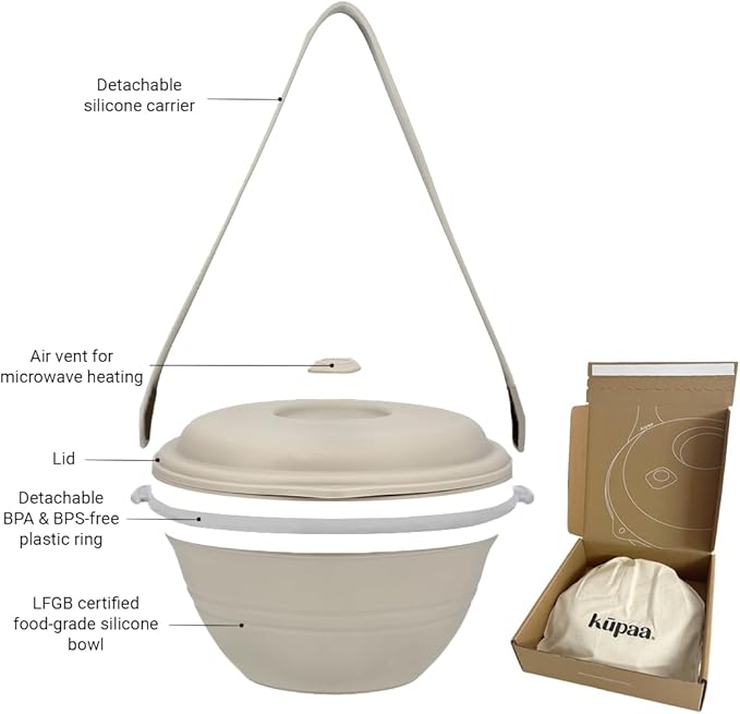kūpaa Bowl & Carrier Duet – Microwave Safe Silicone Lunch Box For Adults– Collapsible, Leakproof, Food-Grade, Reusable To-Go Container (Shell)