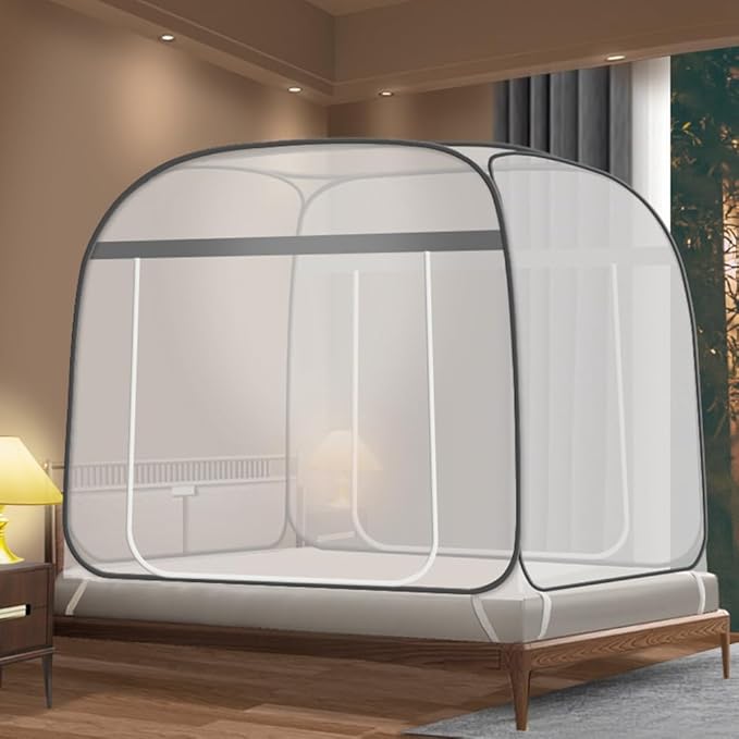 Pop-Up Mosquito Net Tent for Beds Portable Folding Canopy with Net Bottom, Fits Twin to King Size 79x71x59inch, Easy Install Wash for Baby Adults, Indoor Outdoor Use (Gray-King Bed)
