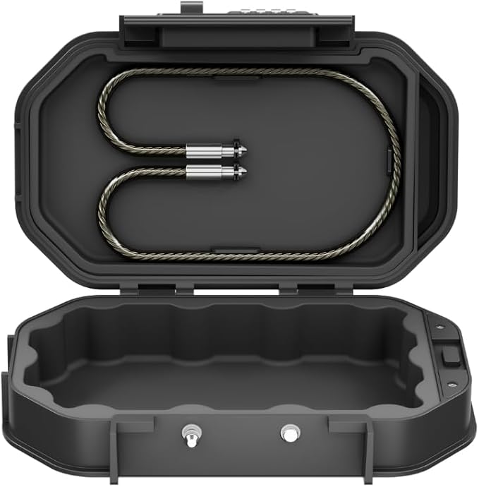 Portable Security Lock Box with Combination Lock, Waterproof Travel Safe Case with Steel Cable, Black. Box with Combination Ideal for Outdoors, Camping, Beach, dorms.