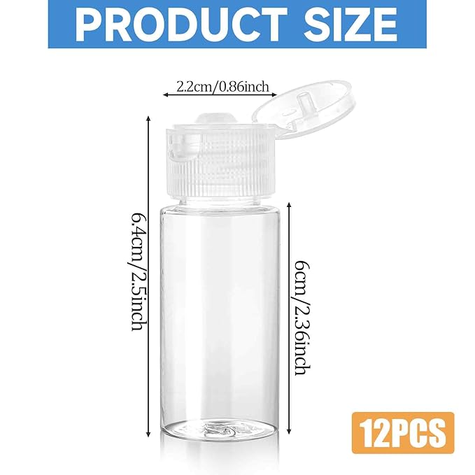Travel Size Make up Sample Containers, 12 Clear Plastic Mini Travel Bottles, 1/2 Oz, Leak Proof, User-Friendly, Versatile Usage for Travel Liquid Toiletries
