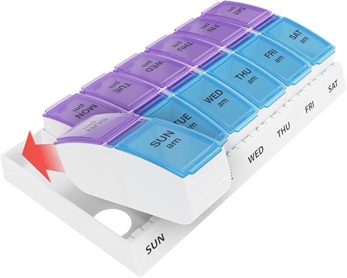 EZY DOSE Weekly (7-Day) AM/PM Pill Organizer, Vitamin and Medicine Box, Large Pop-out Compartments, 2 Times a Day, Blue and Purple Lids