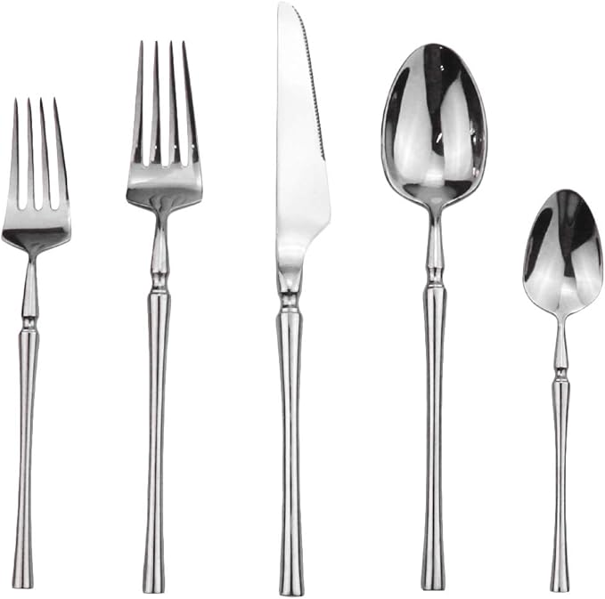 Gugrida Silver Silverware Set, 5-Piece 18/10 Stainless Steel Flatware Cutlery Set for 1,Mirror Finish, Ideal for Wedding Festival Party Home Kitchen, Dishwasher Safe