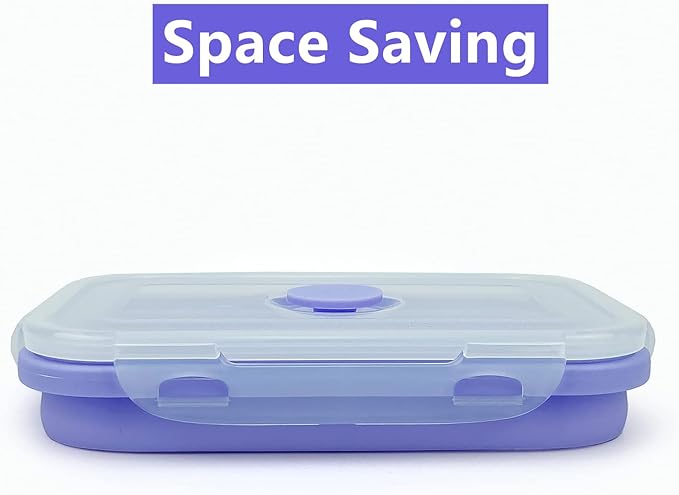 Purple Collapsible Meal Prep Containers Camping Bowls Silicone Bento Box with Airtight Plastic Lid, Microwave Safe, Portable Lunch Container, For Food Storage, Travel and Hiking, 3Pack