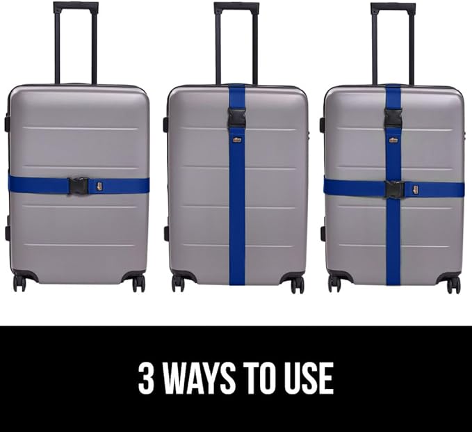 GORILLA GRIP Heavy Duty 4 Pack Adjustable Luggage Straps for Suitcases, Easy to Identify Travel Belt Connector Holds Suitcase Together, Extends Life of Bag, Strap Connects Two Bags, Accessories Blue