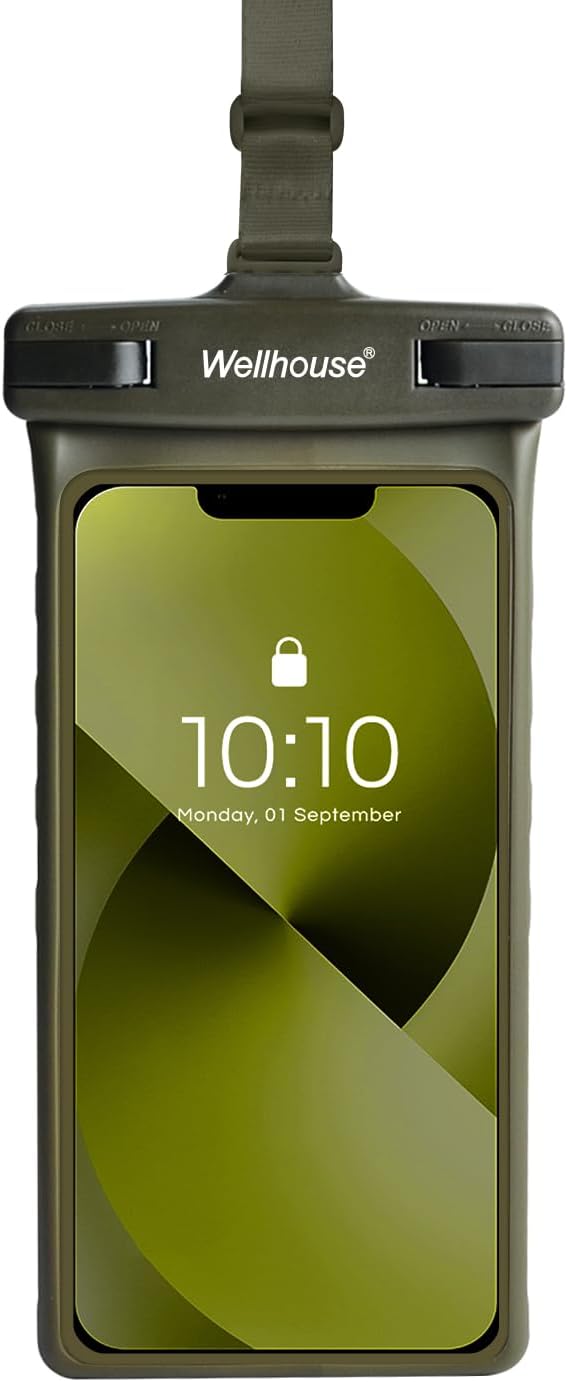 wellhouse Waterproof Phone Pouch, Waterproof Phone Case for iPhone 16 15 14 13 12 Pro Max XS Samsung, IPX8 3D Cellphone Dry Bag Beach Essentials (1 Pack - Olive7.0, 7 inch)