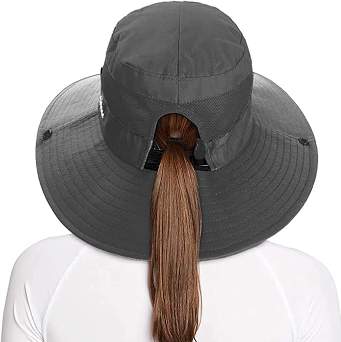 Rosoz Ponytail Sun Bucket Hats for Women UV Protection Foldable Mesh Wide Brim Hiking Beach Fishing Summer Safari