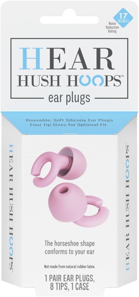Ear Plugs, Reusable Soft Silicone Plugs with Horseshoe Shape for Comfort, Designed for Sleep and Loud Noises, 17dB (NRR) Noise Reduction Rating, Pink, 1 Pair with Portable Travel Case