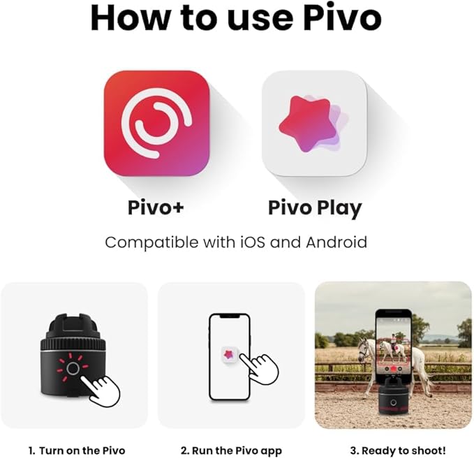 Pivo Equestrian Silver Starter Pack, Auto Face, Body, Horse Phone Tracking Holder, Ai-Powered 360° Rotation, Remote Control for Hands-Free Video Recording with Smart Mount and Travel Case
