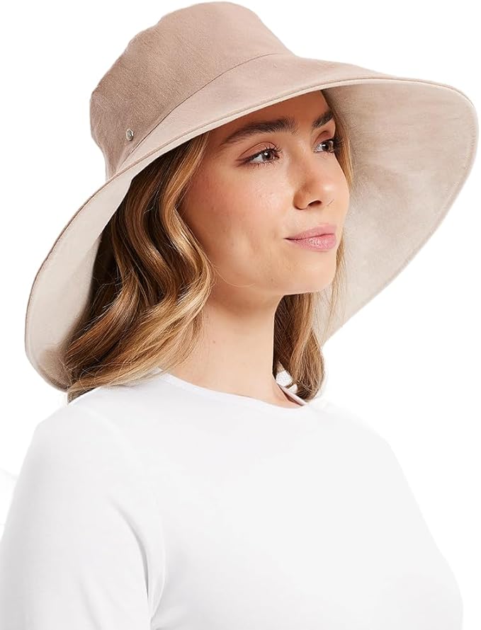 Solbari Women’s Ultra-Wide Cotton Linen Sun Hat UPF 50+, Packable, Adjustable with Ponytail Hole for Travel, Beach & Outdoors
