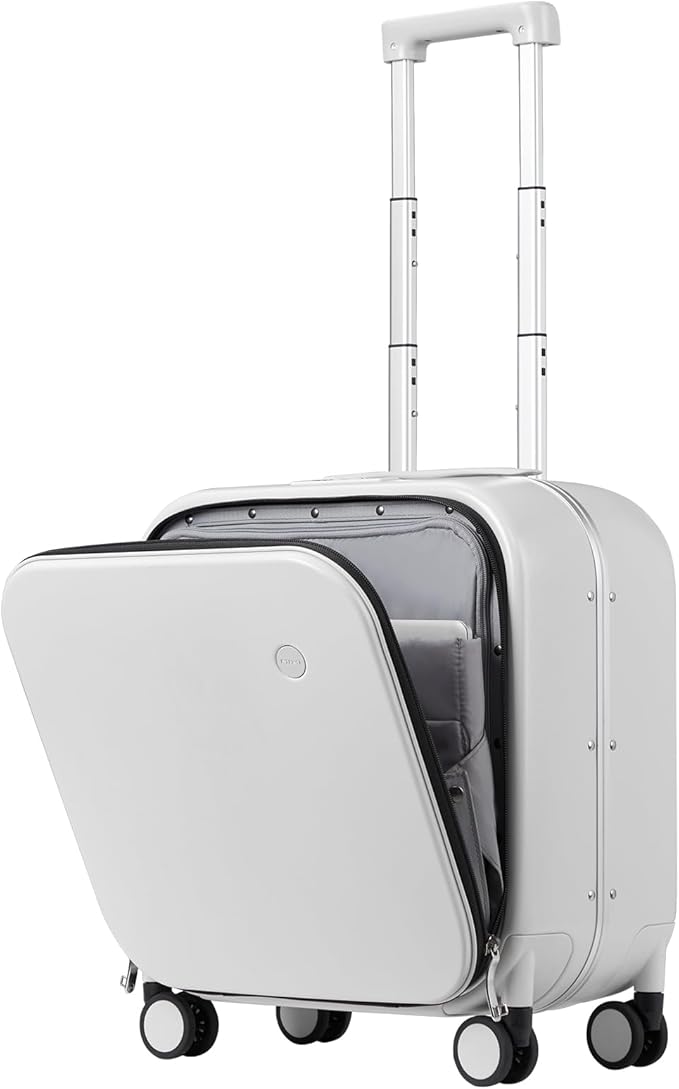 mixi Carry On Luggage, 18” Suitcase with Front Laptop Pocket, Travel Luggage Aluminum Frame PC Hardside with Spinner Wheels & TSA Lock and Cover (Not for Underseat), Smoke White