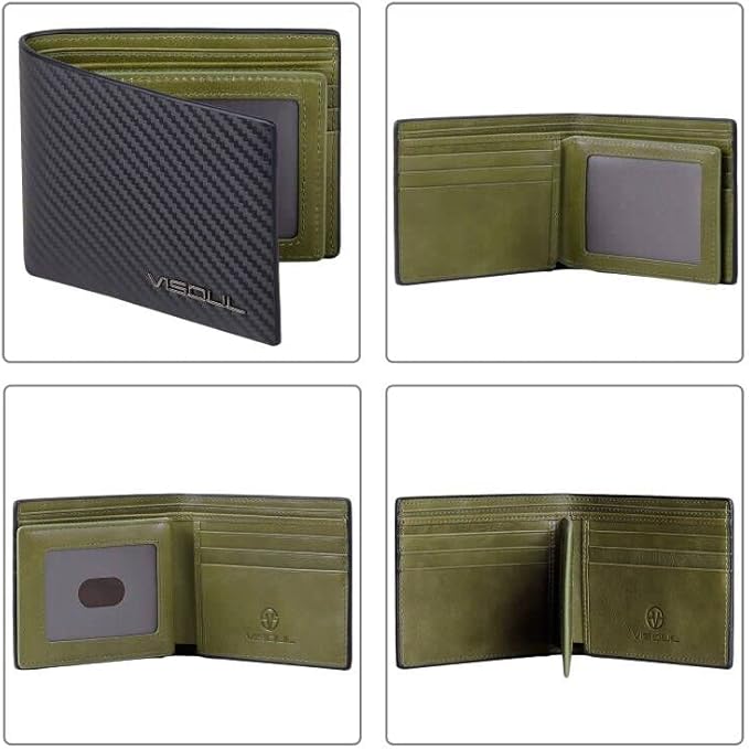 VISOUL Leather Mens Bifold RFID Blocking Wallet with 2 ID Windows, Leather Wallet for Men (Carbon Fiber, Black+Green)