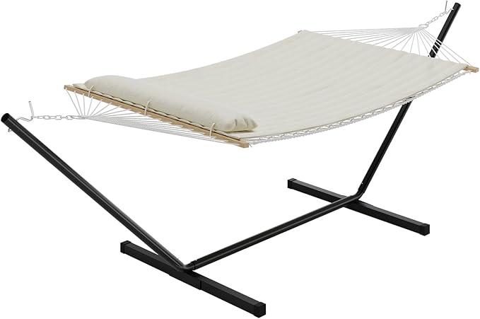 Hammock with Stand for Outside, 2 Person Portable Hammock with Breathable Cotton Rope & Quilted Pad, 475 Lbs Capacity, Perfect for Outside, Patio, Garden, Beach, Backyard