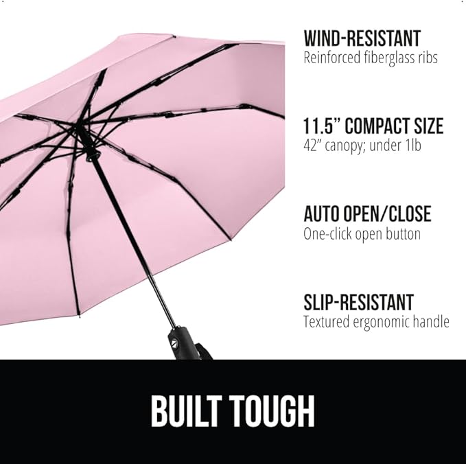 GORILLA GRIP Strong Stick Umbrella for Rain, Compact Travel One-Click Automatic Open Close, Lightweight, Portable, US Designed Reinforced Fiberglass Ribs, Wind Resistant, Easy Collapse, Pink