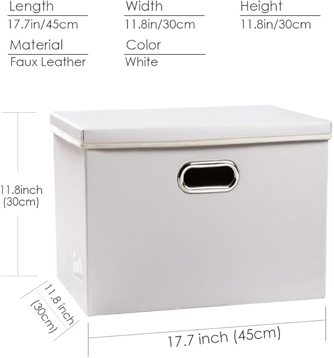 PRANDOM Large Collapsible Storage Box with Lid [1-Pack] Leather Fabric Foldable Storage Bin Organizer Container Basket Cube with Cover for Home Bedroom Closet Office Nursery White (17.7x11.8x11.8)