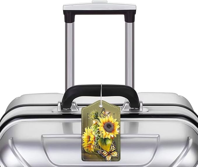 2 Pack Luggage Tag for Suitcase, Cute Unique Leather Bag Tags Identifiers Privacy Cover ID Label with Durable Steel Loop for Women Men Kids Girls Travel, Sunflower