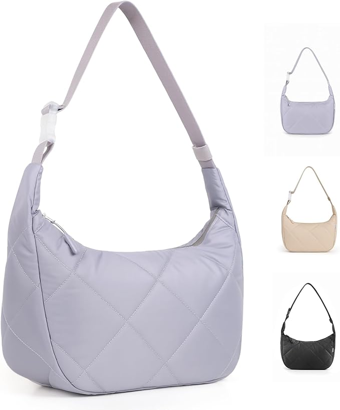 Insulated Lunch Bag for Women, Quilted Reusable Lunch Box with Adjustable Strap, Waterproof Cute Puffy Bento Tote, Stylish Cooler Bag for Work, Picnic or Travel, Light Purple