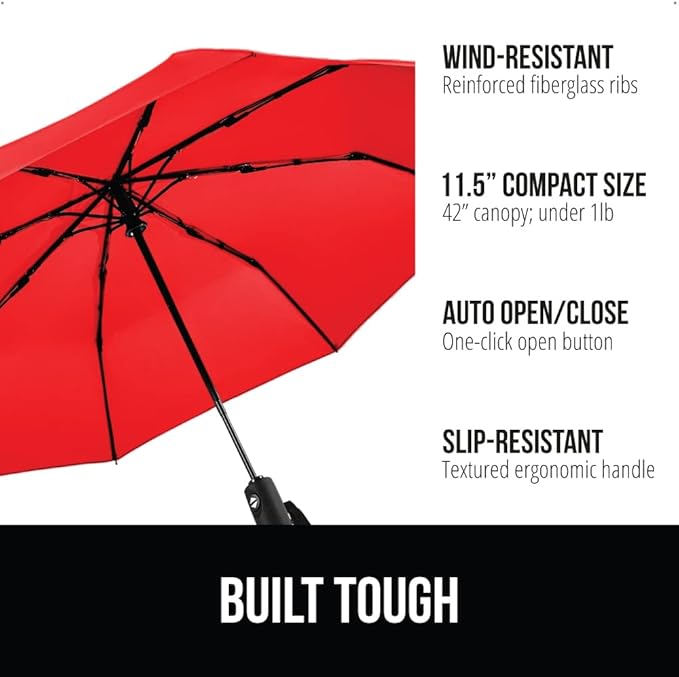 GORILLA GRIP Strong Stick Umbrella for Rain, Compact Travel One-Click Automatic Open Close, Lightweight, Portable, US Designed Reinforced Fiberglass Ribs, Wind Resistant, Easy Collapse, Red