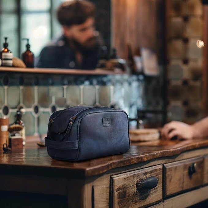 LEATHER VILLAGE Premium Leather Toiletry Travel Pouch With Waterproof Lining - Blue | King-Size Handcrafted Vintage Dopp Kit Bag