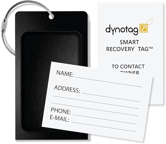 Dynotag® Web Enabled Smart Aluminum Convertible Luggage ID Tag + Braided Steel Loop, with DynoIQ™ & Lifetime Recovery Service (Cool Silver)