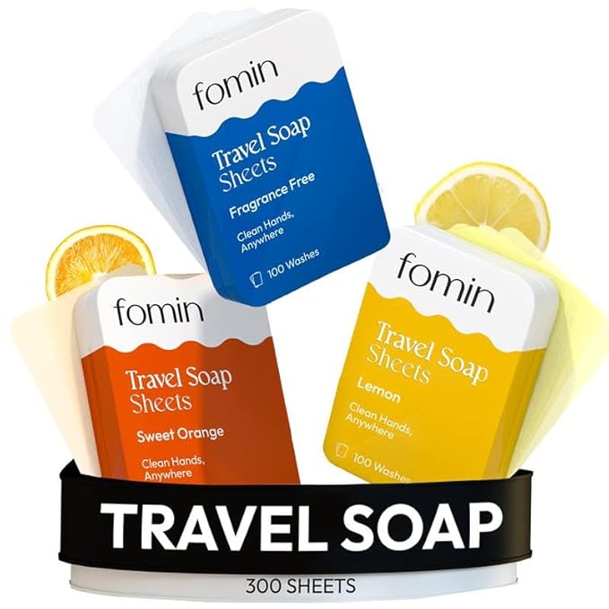 FOMIN - Antibacterial Paper Soap Sheets Tin for Traveling - (300 Sheets) Variety Pack (Unscented, Orange, Lemon) Portable Travel Hand Soap Sheet, Dissolvable Mini Camping Hand Soap for Hand Washing