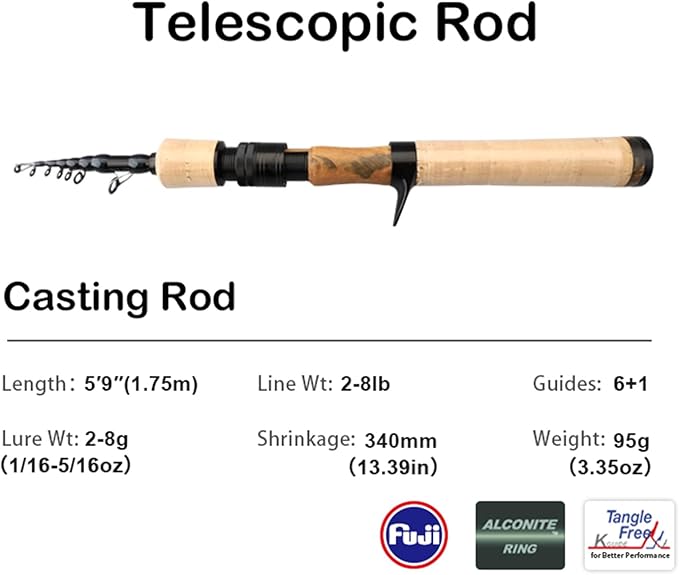 PURELURE Telescopic Fishing Rod Ultralight or Light, Carbon Fiber Rod Spinning & Casting, Fuji Alconite Ring and Reel Seat, One-Piece Mixed Carbon/4A Cork Handle, Spare Solid Tip, Portable Travel Rod