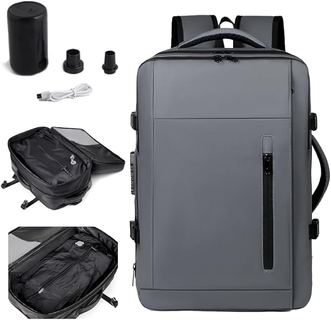 Vacuum-sealed travel computer backpack, Water-Resistant, With vacuum pump, Multiple Compartments, Anti-theft combination lock (Grey)