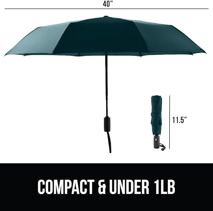GORILLA GRIP Compact Stick Umbrella for Rain, Travel One-Click Automatic Open Close, Lightweight, Portable, US Designed Reinforced Fiberglass Ribs, Wind Resistant Easy Collapse, Hunter Green