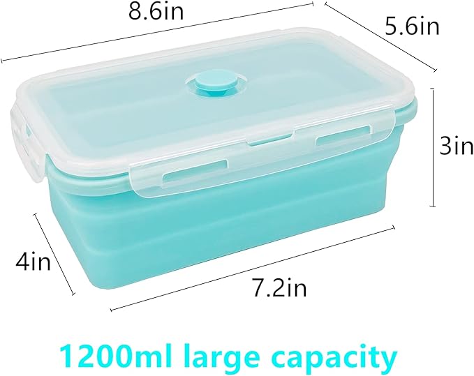 CARTINTS Large Collapsible Camping Food Containers, 1200ml Silicone Lunch Container, Microwave Safe Reusable Meal Prep Container For Indoor&Outdoor Kitchen With Foldable Spoon, Blue