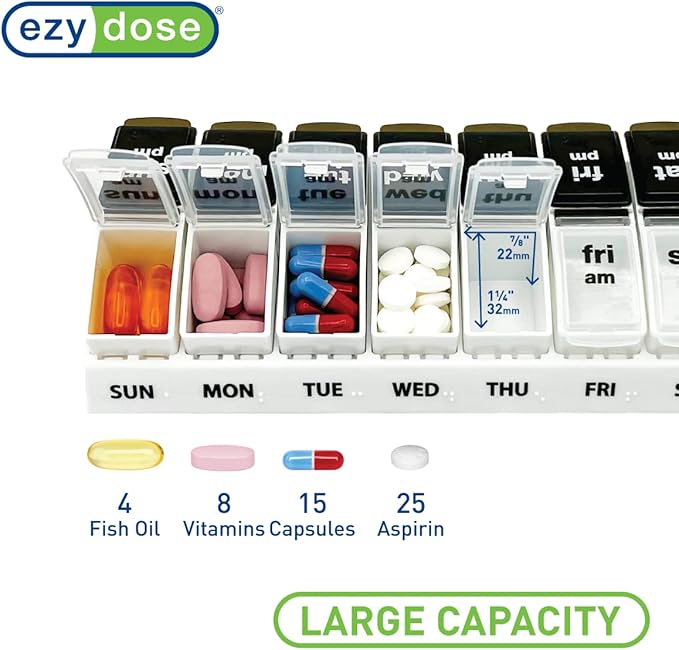 EZY DOSE Weekly (7-Day) Daily AM/PM Pill Case, Medicine Planner, Vitamin Organizer, Supplement Container, Large Pop-Out Compartments, Designed for Travel 2 Times a Day, Black and White Lids