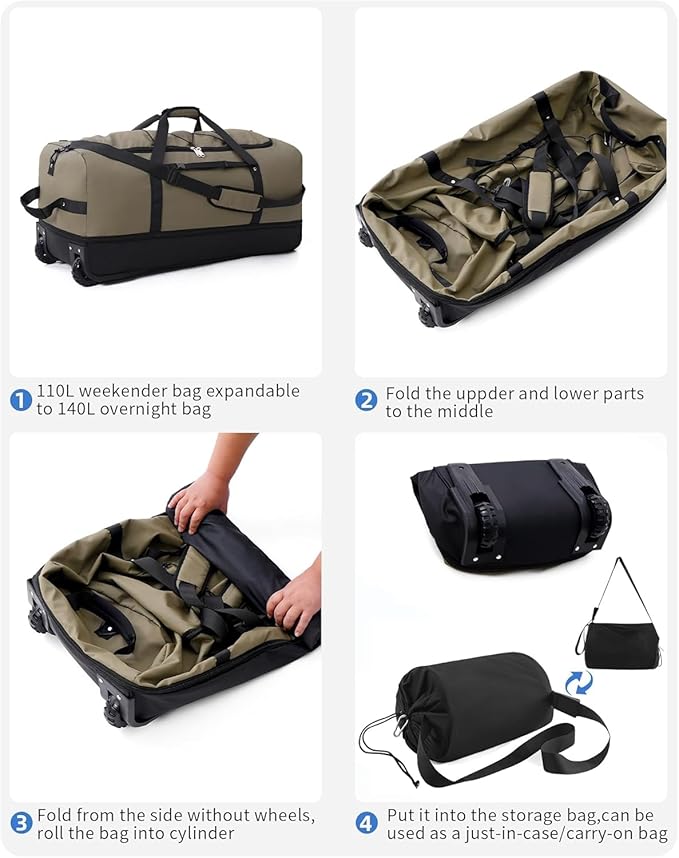 Rolling Duffle Bag with Wheels,110L/140L Expandable Soft-Sided Foldable Duffle Bag with 2 Rubber Wheels,Packable 32” Rolling Carry-On with Multi-Pockets & Compartments (Green)