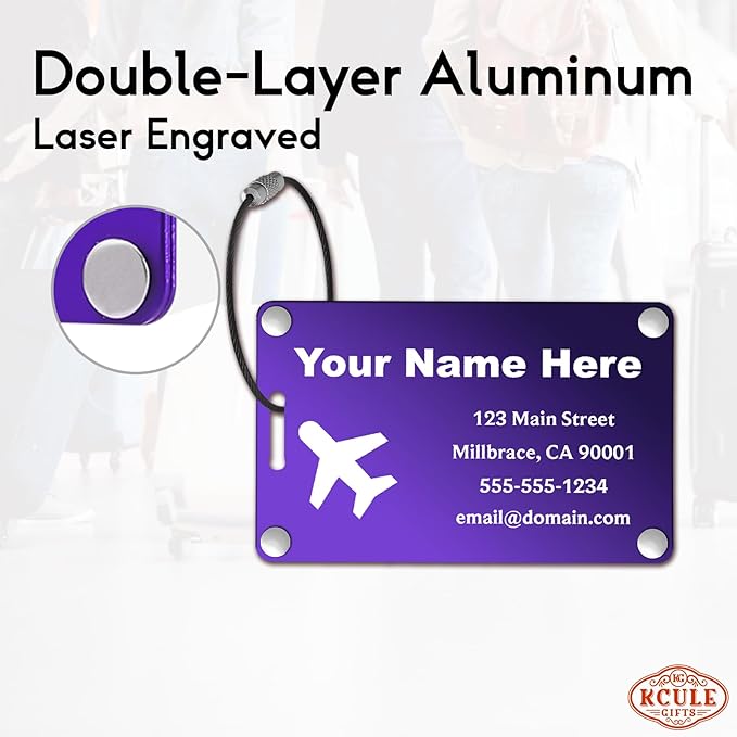Personalized Luggage Tags: Custom Metal Luggage Tags for Suitcases, Backpacks and Bags with Your Personalized Text (Purple)